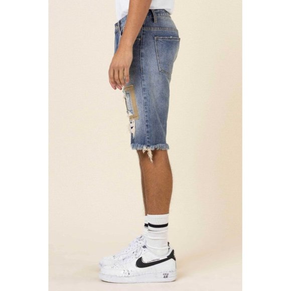 FIRST ROW CASUAL PANTS SHORT SUMER CAMO&TWILL PATCHED RIP&REPAIRED DENIM SHORTS - Picture 4 of 10